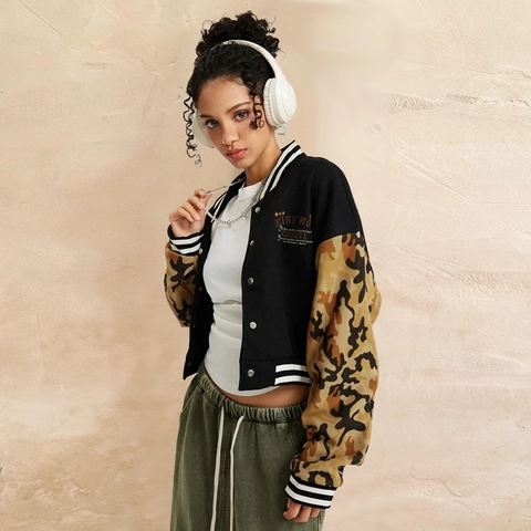 Chaqueta Varsity Mujer Camuflaje Patchwork Manga Larga Corta Sudadera Casual Streetwear Ropa Exterior