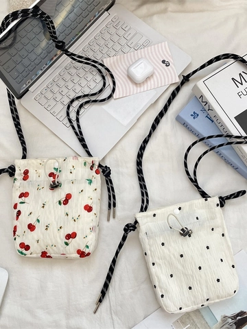 Women Crossbody Bag Floral Cherry Print Polyester Canvas Drawstring Adjustable Braided Rope Strap Fresh Casual
