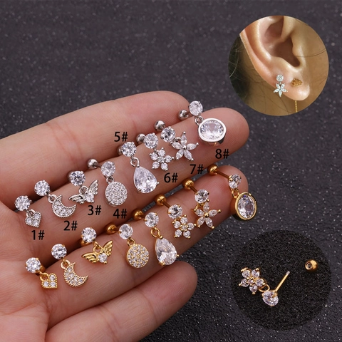Cartilage Stud Earrings Copper Zircon Heart Moon Wing Flower Bow Design With Stainless Steel Earring Post Piercing Jewelry