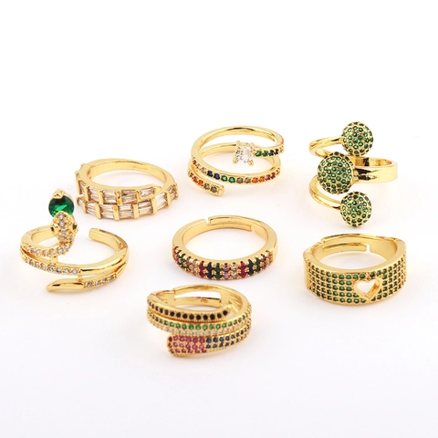 Fashion Snake Heart Shape Adjustable Open Rings Copper Gold Plated With Colorful Zircon For Women Elegant Jewelry