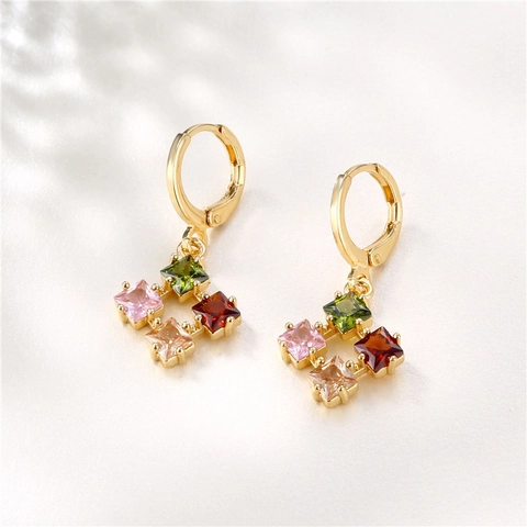 Bunte Quadratische Zirkonia Hängeohrringe Mit Silver Earring Post 18K Vergoldet Geometrischer Modeschmuck Für Damen