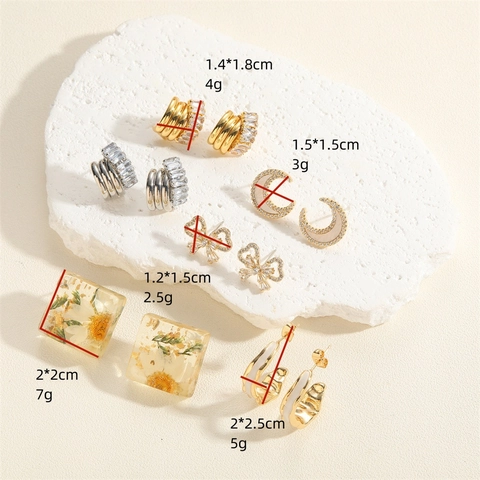 French Vintage Copper Earrings For Women With Zircon Resin Enamel Dried Flower Butterfly Crescent Moon Geometric Studs