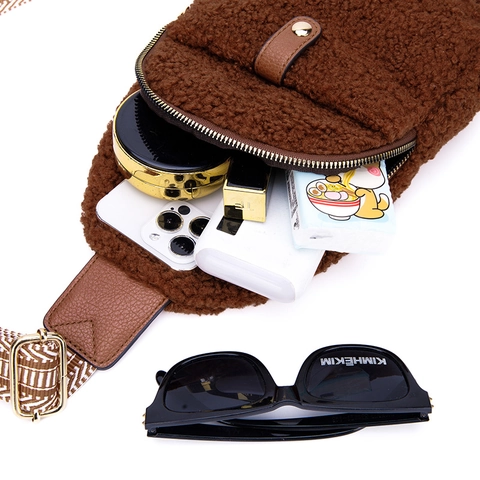 Plush Faux Sherpa Chest Bag Women Ethnic Geometric Wide Strap Casual Crossbody Belt Bag Outdoor Travel Fashion Purse