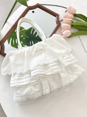 Weiße Spitze Lagige Rüschen Schultertasche Polyester Stickerei Große Kapazität Süße Tragetasche Für Frauen