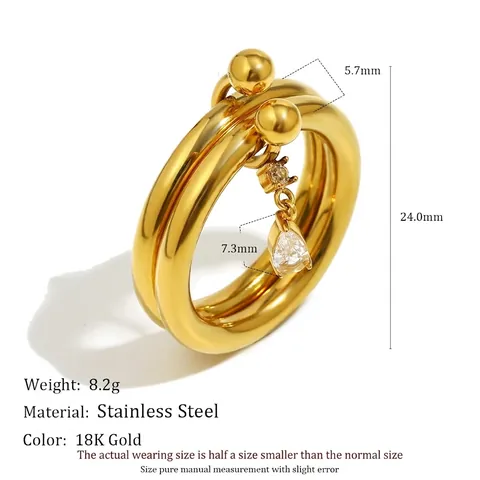 Double Layer Stainless Steel Ring 18K Gold Plated With Marquise Teardrop Zircon Pendant Modern Fashion Elegant Polished Ring