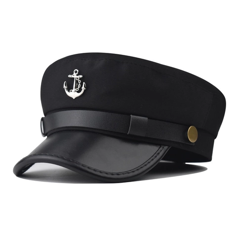 Captain Hat Fiddler Cap Nautical Sailor Flat Top Hats Cotton PU Leather Brim Metal Anchor Retro British Style Women Men