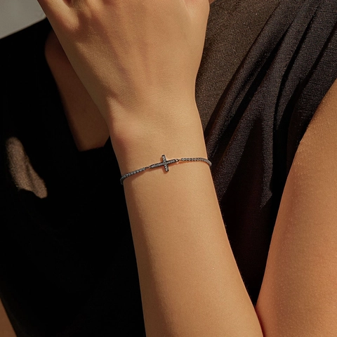 Pulsera de Cruz de Plata de Ley S925 Negro de Armas Para Mujeres Hombres Estilo Gótico Hip Hop Ajustable Con Circonia