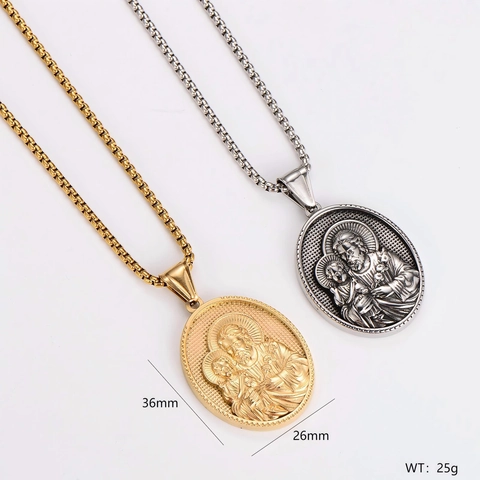 Collana Con Pendente Ovale San Giuseppe E Bambino Gesù Acciaio Inossidabile Rilievo Religioso Gioielli Retro Per Uomo Donna