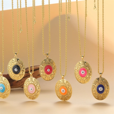 Evil Eye Anhänger Halskette Kupfer Vintage Oval Emaille Schmuck Für Frauen Zirkon Boho Twist Seilkette Accessoires
