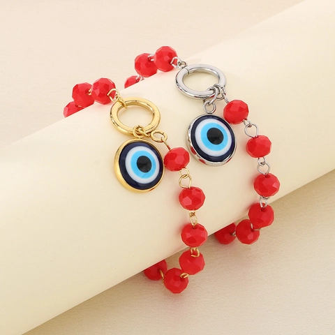 Pulsera De Cuentas De Cristal Rojo Con Colgante Ojo Turco De Acero Inoxidable Joyería De Moda Bohemia Para Mujer