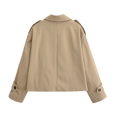 Women Short Trench Coat Double Breasted Khaki Polyester Twill Lapel Long Sleeve Jacket Outerwear