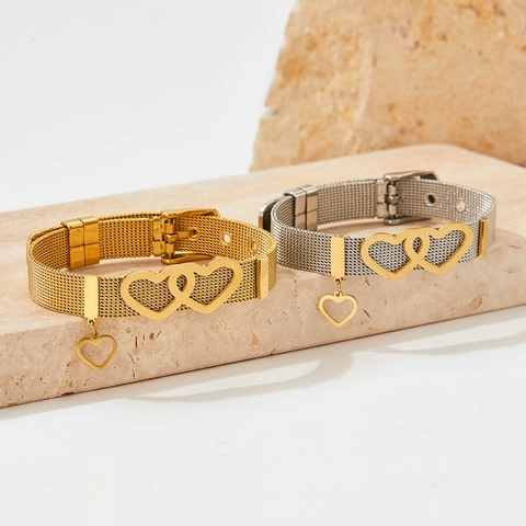 Pulsera De Acero Inoxidable Con Doble Corazón Entrelazado Estilo De Correa De Reloj De Malla Ajustable Para Mujer