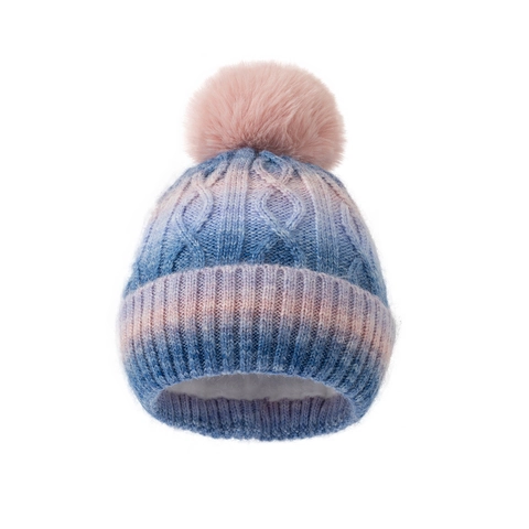 Bonnet Pour Femmes Dégradé Arc-En-Ciel Tricot Torsadé Hiver Chaud Doublé Polaire Avec Pompon En Fausse Fourrure