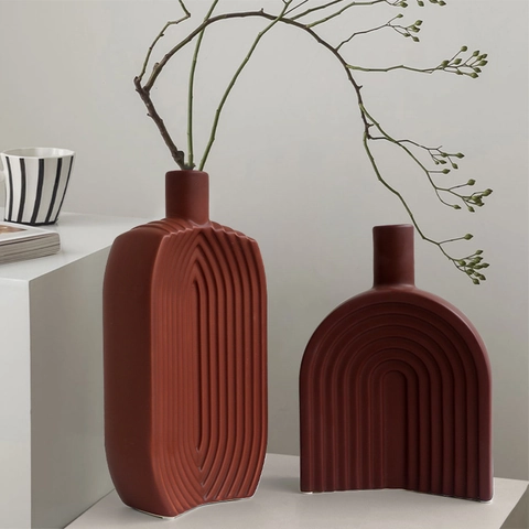 Modern Minimalist Ceramic Vase Nordic Ribbed Texture Flower Pot Home Living Room Decor Desktop Ornament Matte Porcelain