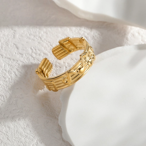 Anillo Abierto Geométrico Vintage de Acero Inoxidable Con Patrón de Notas Musicales de Hongo de Concha para Mujer Joyas Ajustables