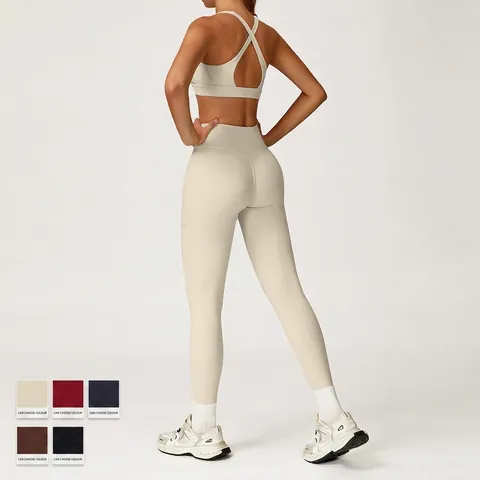 Polyamide Elastane Yoga Sports Top And High Waist Pants Naked Feel Crossover Waist With Pockets Workout Activewear Women