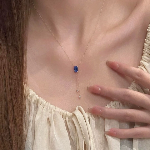 Collana Con Pendente Pietra Blu Rettangolare Lega Placcata Oro Nappa A Y Catena Da Clavicola Gioielli Da Donna