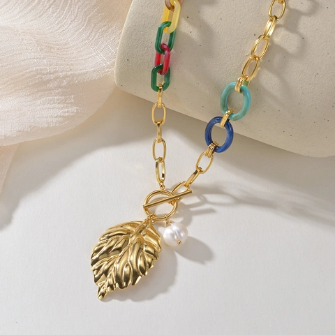 Collar Con Colgante De Hoja De Acero Inoxidable Dorado Bohemio Con Anillos De Acrílico Coloridos Y Perla Artificial Para Mujer