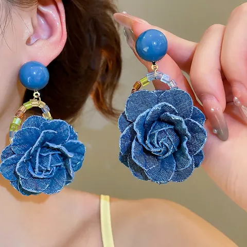 Denim Rose Flower Drop Earrings With Colorful Beads And 925 Sterling Silver Earring Post Vintage Boho Style For Women