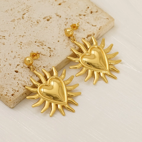 Vintage Zon Gezicht Hart Druppel Oorbellen 18K Verguld Roestvrij Staal Retro Mode Sieraden Voor Vrouwen