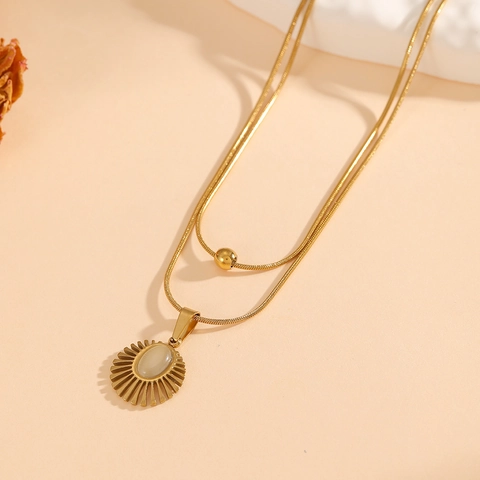 Double Layer Sun Pendant Clavicle Necklace Stainless Steel With Cat Eye Stone Snake Chain Gold Plated Elegant For Women