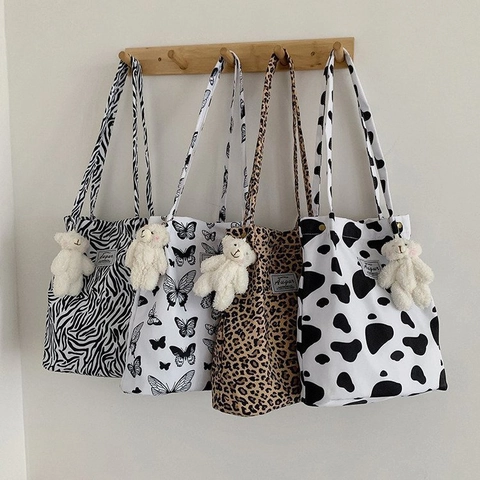 Women Fashion Canvas Tote Bag Leopard Zebra Butterfly Cow Print Shoulder Bag Large Capacity Casual Handbag With Plush Bear Charm