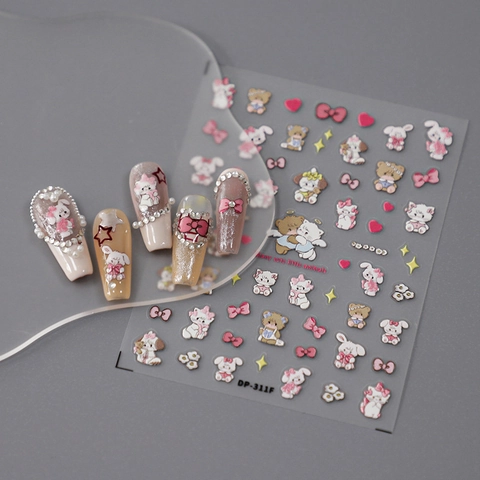 Pegatinas De Uñas Relieve 5D Auto Adhesivo PET Dibujos Animados Oso Conejo Lazo Kawaii Decoración Uñas DIY