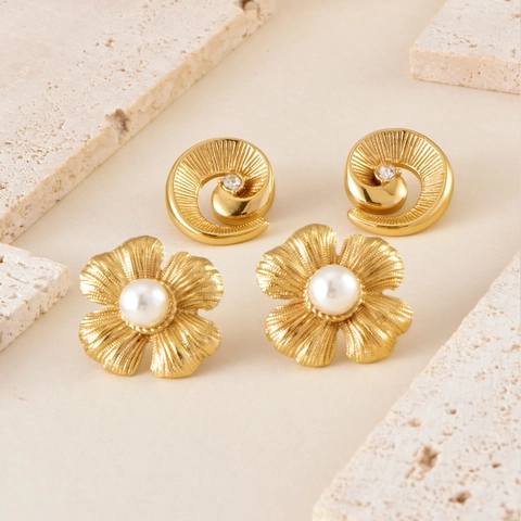 Orecchini a Bottone Vintage in Acciaio Inossidabile a Fiore con Perla Artificiale Oro Spirale Strass Gioielli per Donna