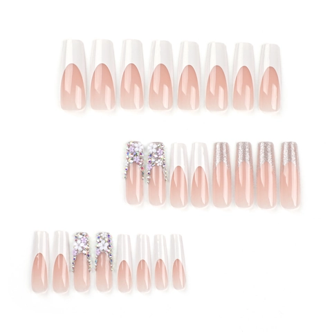 Press On Nails Extra Lange Sarg Kunstnägel Französisch Weiß Mit 3D Blumen Strass Kristall Silber Glitzer Für Damen