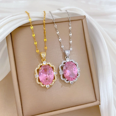 Collana Con Pendente Pietra Rosa Ovale Elegante Zircone Con Catena In Acciaio Inossidabile Per Donne