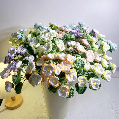 Handmade Crochet Pansy Flowers Bouquet Knit Woolen Yarn Finished Artificial Flowers For Home Decor Gift