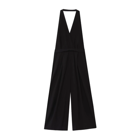 Damen Halter Jumpsuit Baumwolle Leinen Rückenfrei V Ausschnitt Ärmellos Weites Bein Hohe Taille Elegant Abend