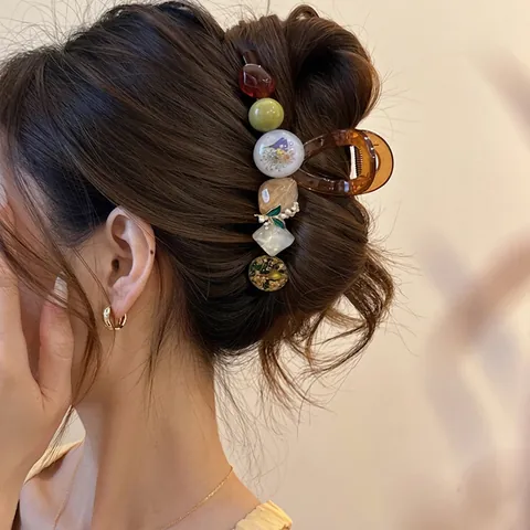Pinzas Para El Pelo Florales Retro Ámbar Resina Flores Secas Grande Pinza De Pelo Vintage Para Mujeres