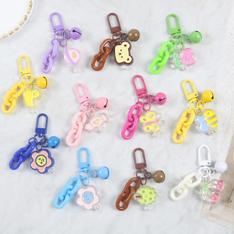 Süßer Cartoon Tier Schlüsselanhänger Acryl Plastik Kette Mit Metall Glocke Bunter Taschenanhänger Für Mädchen Kawaii