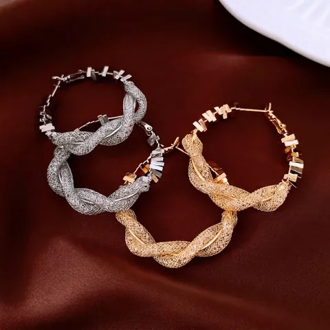 Orecchini A Cerchio Geometrici Cavi Intrecciati Tinti Blocchi Metallici Quadrati Con Perno In Argento Sterling 925 Per Donna