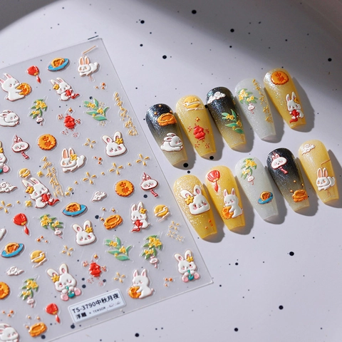 5D Relief Nail Stickers Embossed Mid-Autumn Festival Moon Rabbit Lantern Mooncake Self Adhesive Nail Art Decorations