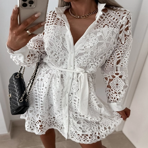 Vestido Mini De Encaje Calado Para Mujer Manga Larga Con Cinturón Abotonado Elegante Color Sólido De Moda