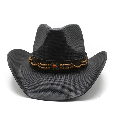 Cappello Da Cowboy In Paglia Tesa Larga Protezione Solare Stile Etnico Retrò Unisex Fascia Con Perline Spiaggia