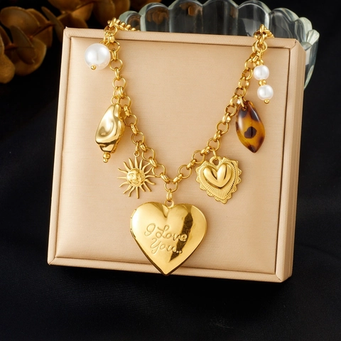 Collar Acero Inoxidable Chapado Oro Múltiples Colgantes Relicario Corazón Sol Concha Perla Artificial Joyería Vintage Mujer