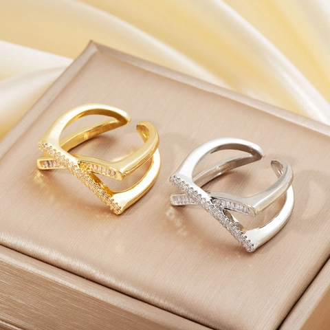 Fashion Zirconia Cross Open Ring Adjustable Copper Finger Ring Light Luxury Elegant Jewelry For Women Party Daily Accessories