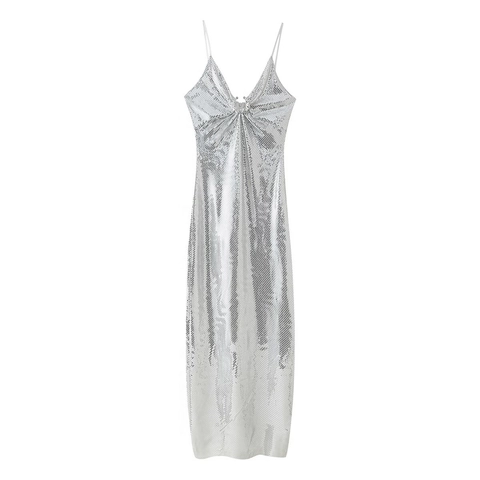 Vestito Lungo Sexy Con Paillettes Argentate Spalline Sottili Scollo A V Bodycon Festa Serale Da Donna