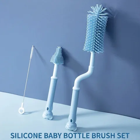 Siliconen Babyflesborstel Speenreiniger Rietje Reinigingshulpmiddel Roterende Lange Handgreep Bekerborstel Roze Blauw