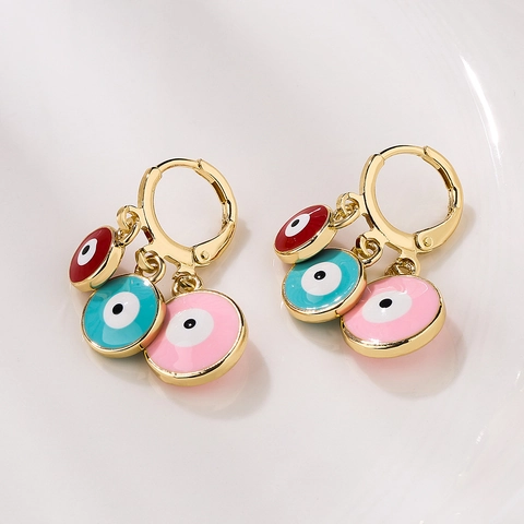 Evil Eye Creolen Hängeohrringe Kupfer Vergoldet Emaille Gestufte Dreifache Anhänger Böhmische Mode Für Damen