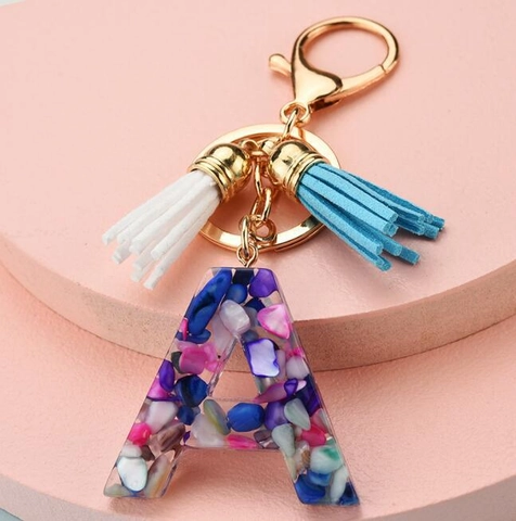 Llavero de Resina con Letra del Alfabeto con Piedras de Colores Incrustadas y Borla Metal Chapado en Oro Colgante de Bolso Joyería Mujer