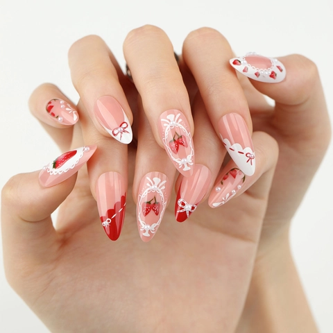 Uñas Postizas Press On Con Patrón De Fresa Lazo 3D Perlas Artificiales Encaje Estilo Francés Almendra Largas Para Mujeres