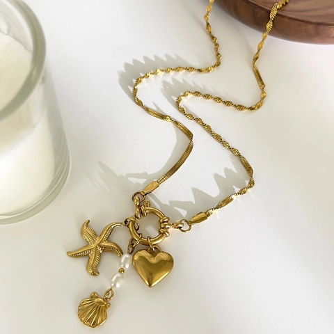 Vintage French Style Starfish Heart Shell Pendant Necklace Women 18K Gold Plated 316L Stainless Steel With Artificial Pearl Charms