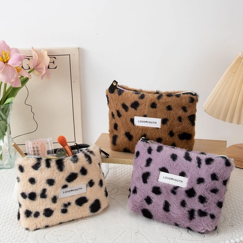 Leopard Muster Plüsch Kosmetiktasche Retro Kunstfell Make-up Beutel Tragbare Reise Kulturbeutel Für Damen