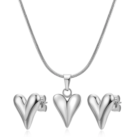 Conjunto Joyas Corazón Collar Y Pendientes Acero Inoxidable Pulido Liso Colgante Cadena Serpiente Moda Minimalista Mujeres