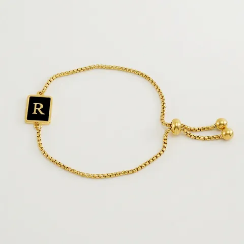 Pulsera Moda Chapado En Oro 18K Acero Inoxidable Ajustable Deslizante Cadena Caja Cuadrado Esmalte Negro Letra Inicial
