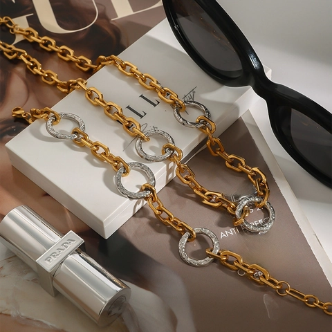 Geometrische Ovalen Schakelketting Roestvrij Staal Tweekleurig 18K Vergulden Waterdicht Hypoallergeen Mode Voor Dames